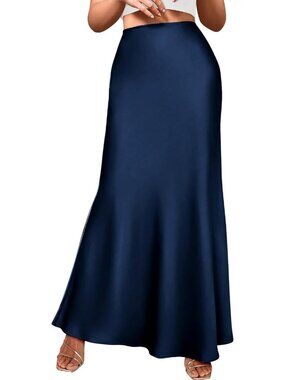 Women's Navy Satin Silk High Waist Flared Pull On Maxi Mermaid Satin Skirt